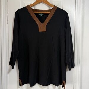 Ralph Lauren black with brown suede trim equestrian tunic top equestrian 1X